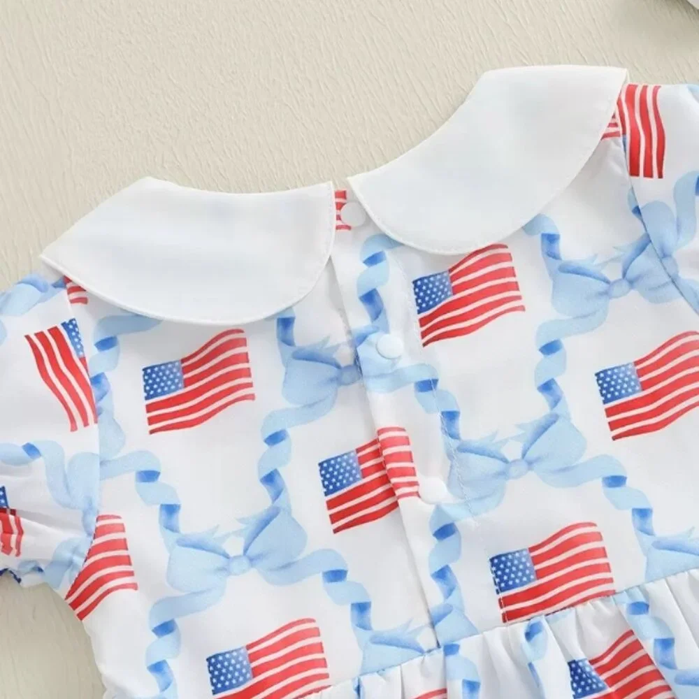 4th of July Baby Girls Embroidered Flag Bow Sleeveless Romper Jumpsuit